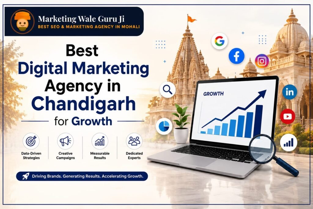 Best Digital Marketing Agency in Chandigarh infographic showcasing SEO, social media marketing, PPC advertising, content marketing, website development services, business growth statistics, and contact information for Chandigarh, Mohali, and Panchkula businesses.