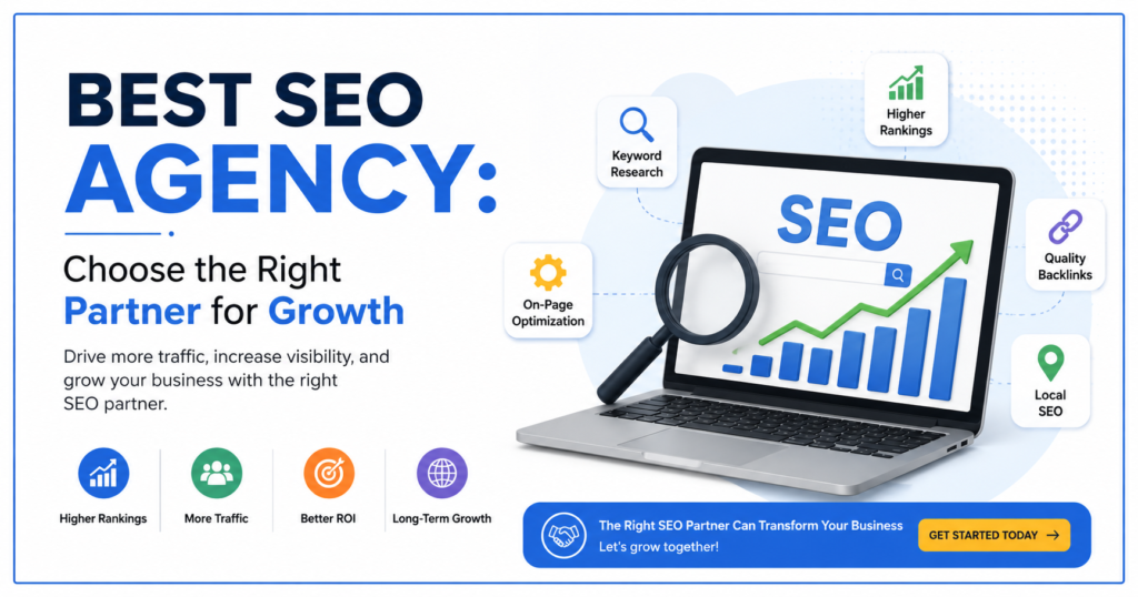 Best SEO Agency infographic showing SEO growth strategy, keyword research, on-page optimization, backlinks, local SEO, and business growth.
