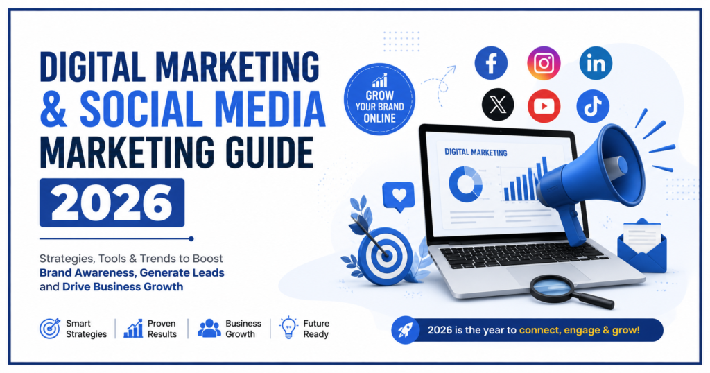 Digital Marketing and Social Media Marketing Guide 2026 featuring analytics dashboard, social media icons, online branding strategies, lead generation, and business growth tools.
