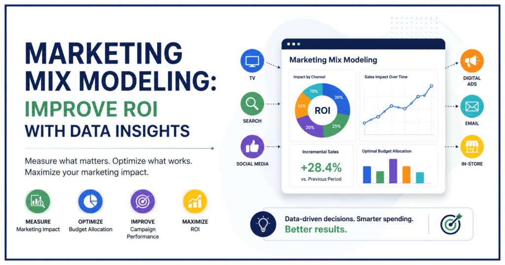 Marketing Mix Modeling dashboard showing ROI analysis, budget allocation optimization, marketing channel performance, and data-driven marketing insights.