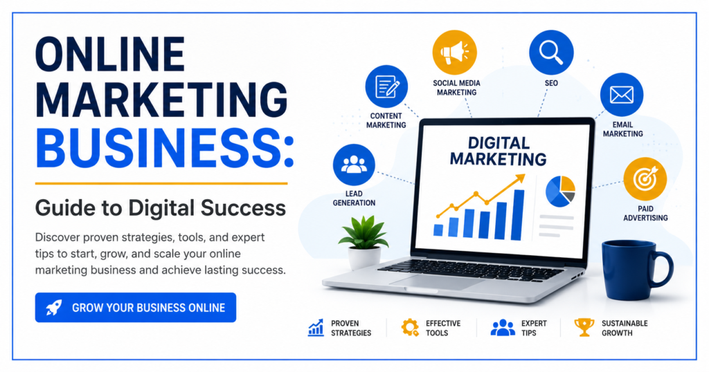 Online Marketing Business guide banner featuring digital marketing strategies, SEO, social media marketing, lead generation, and business growth tools.